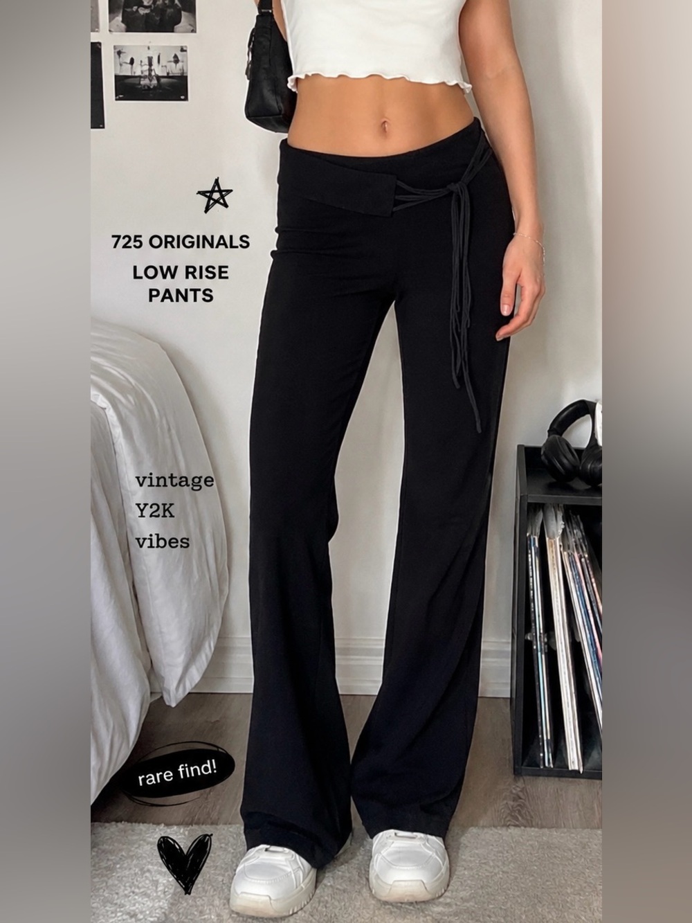 Vintage Y2K 725 Originals Women's Black Wide-Leg Pants with Tie Waist Size 13